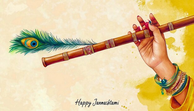 Photo happy krishna janmashtami typography with flute drawing flat clipart illustration copy space