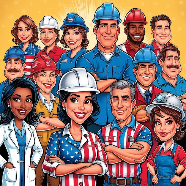 Happy Labor day American female male worker with American flag