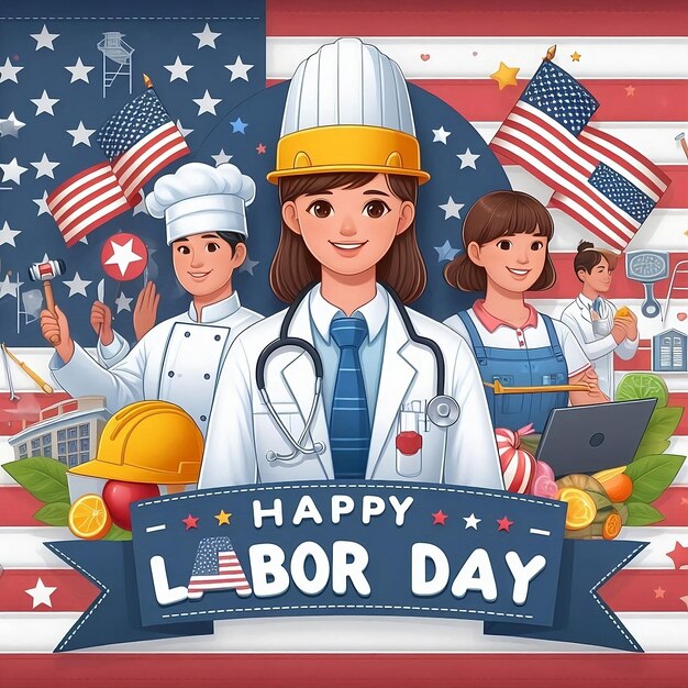 Happy Labor day American female male worker with American flag