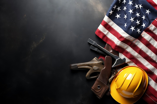 Happy Labor day concept American flag with different construction tools on dark stone background