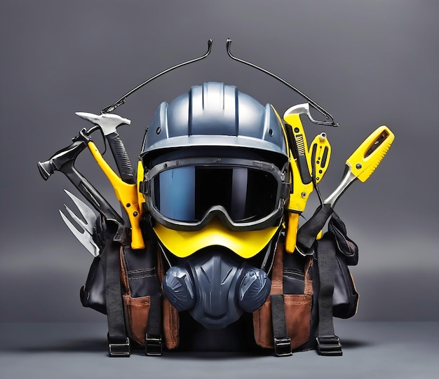 Happy labor day concept helmet mane and working tools background ai generated