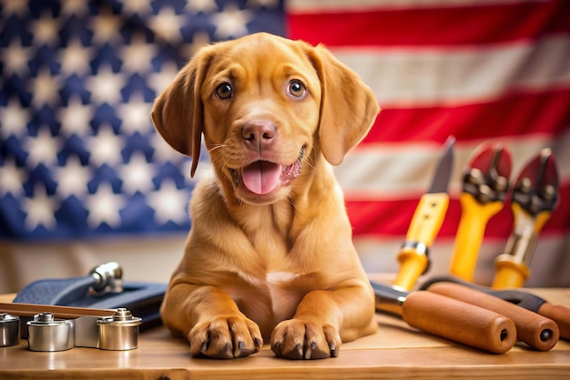 Happy labor day cute brown puppy and hand tools pet care ideas generated Ai