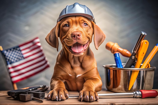 Happy labor day cute brown puppy and hand tools pet care ideas generated Ai