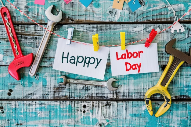 Photo happy labor day greeting card or background image of happy labor day text over cityscape labors tools concept of labor day usa day memorial day 4th july labor day in the usa