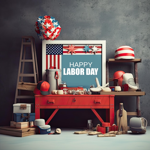 Happy Labor day illustration with 3d workspace background