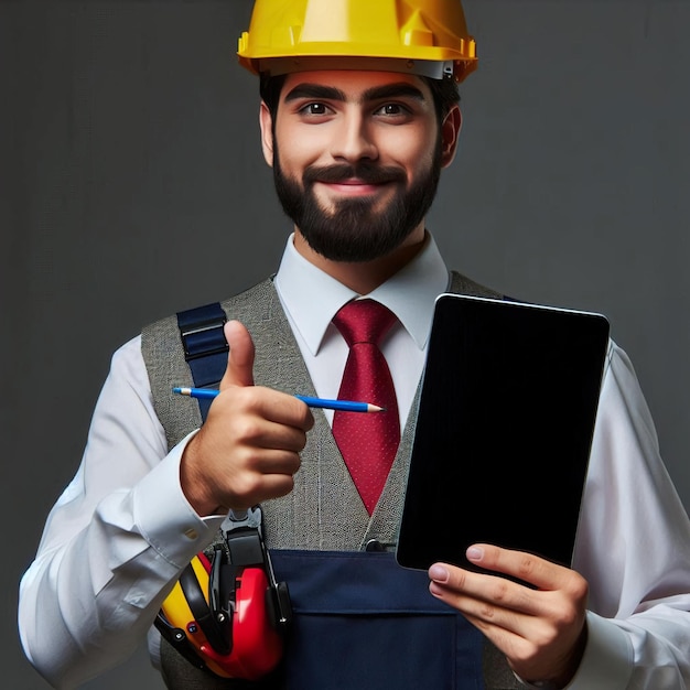 Happy labor day man wearing a yellow hard hat and a thumb up