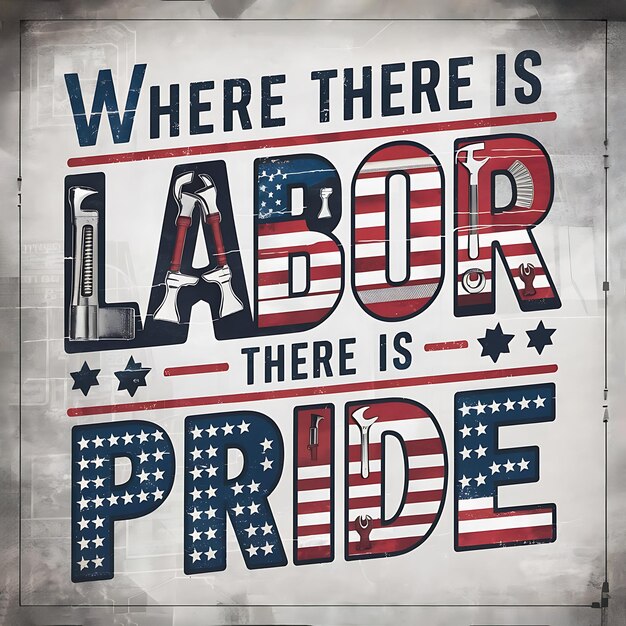 Photo happy labor day patriotic background with usa flag construction tools and motivational lettering design