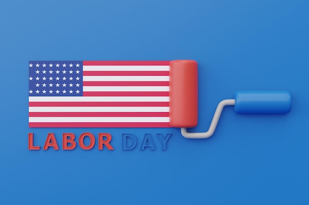 Happy labor day usa concept with American flag and sponge roller paint construction tools on blue background 3d rendering