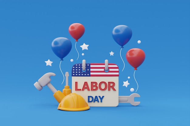 Happy Labor Day usa concept with calendar construction tools and balloon 3d rendering