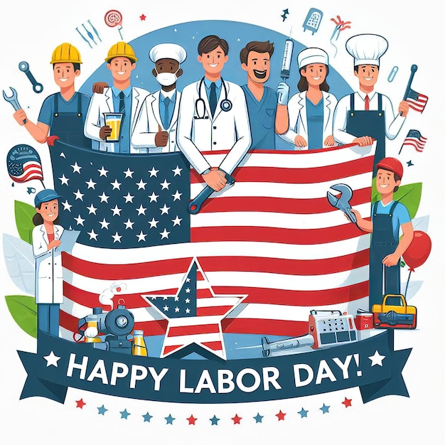 Happy Labor Day  with American flag stars and worker