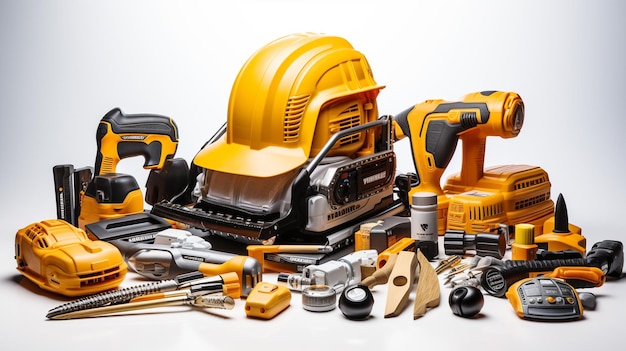 Happy Labor day with different construction tools on white background