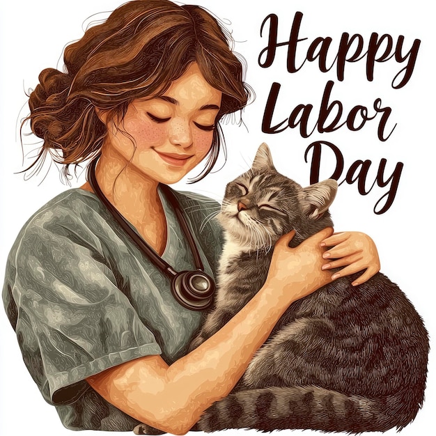 Photo happy labor day with a veterinarian and cat