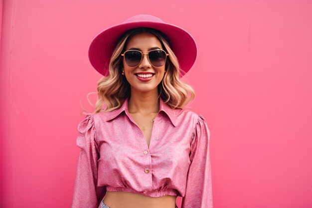 happy lady in stylish skirt and boater posing on pink wall