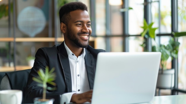 A happy Latin businessman in a black suit and white shirt is working on his laptop in an office setting He is smiling and looks confident as he works