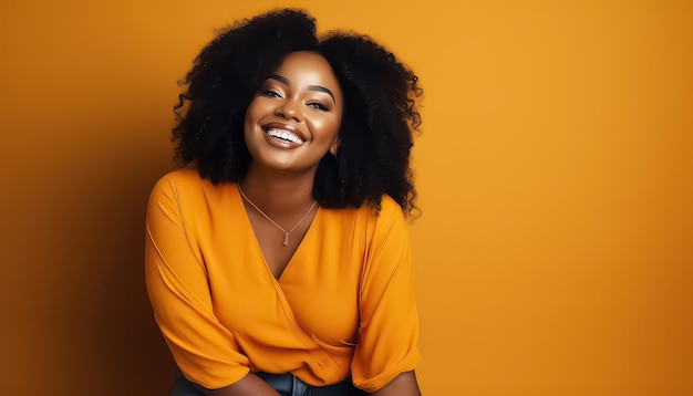 happy latin woman in oranhe color sweater laughing