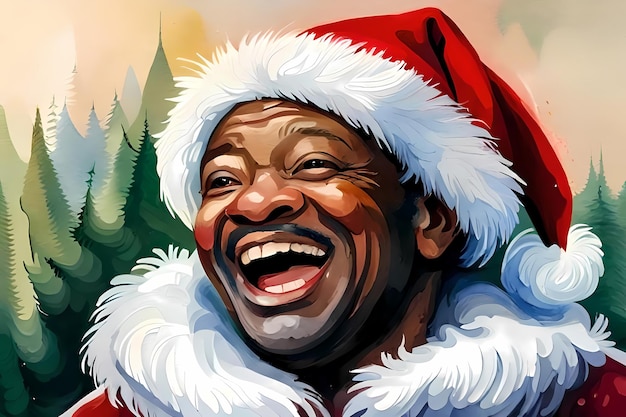 Happy laughing black Santa Generative AI illustration for Christmas