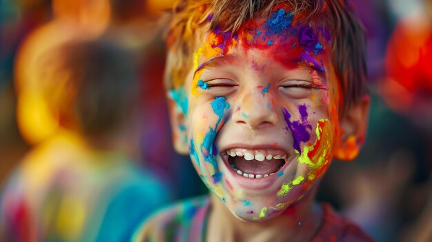 Happy laughing boy with colorful holi paint on his face