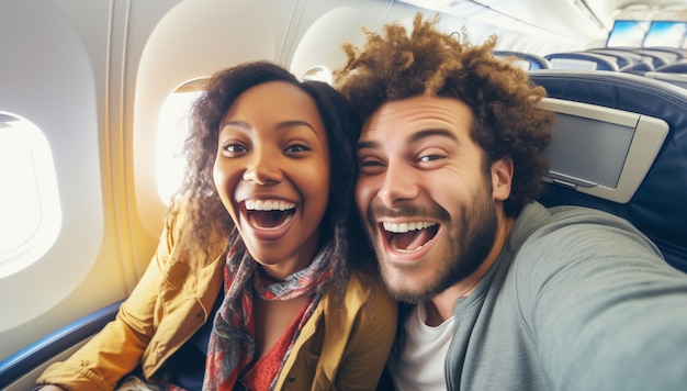 Happy laughing couple passengers taking selfie together sits in seat on an airplane enjoying flight