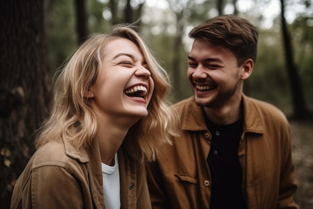 Happy laughing couple spending time together outdoors