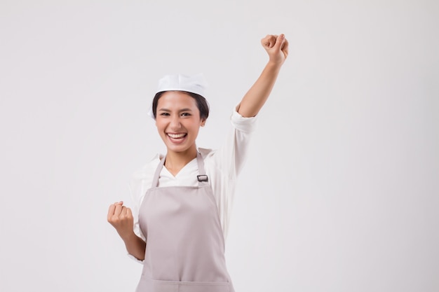 Happy laughing excited successful asian woman domestic worker looking up