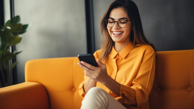 A happy laughing young woman using a smartphone typing a message talking on a video chat watching funny videos at home Modern Technologies Social networks mobile applications online purchases