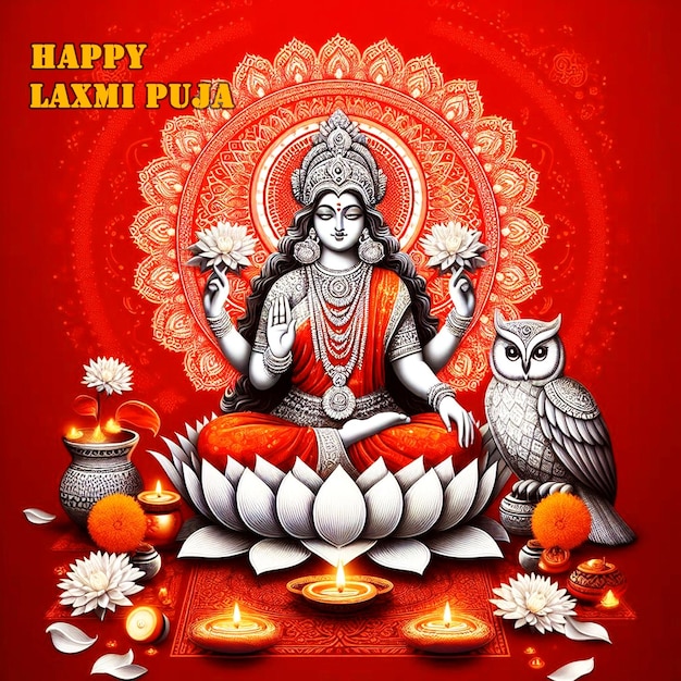 Photo happy laxmi puja celebration background poster banner with goddess maa laxmi mata and a lotus flower