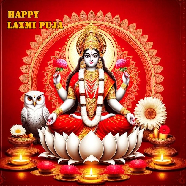 Photo happy laxmi puja celebration background poster with goddess maa laxmi mata and a lotus flower