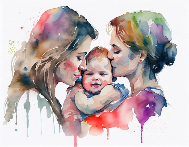 Happy LGBT color family two mothers kiss baby child with love watercolor splash paint artwork illustration Generative Ai