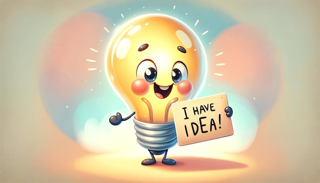 Happy Light Bulb Character with I Have Idea Sign Creativity Concept