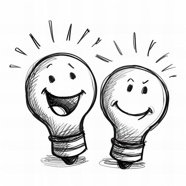 Happy Light Bulbs Illustration Glowing Ideas Concept Hand Drawn Sketch Style