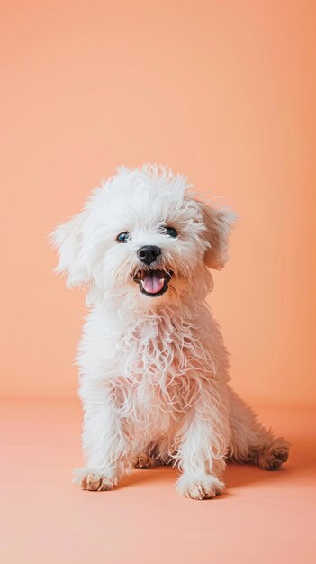 Happy light peach puppy smiling cutely on an isolated peach background Soft and bright shades