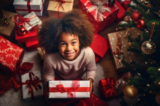 Happy little african american smiling girl with christmas gift boxes on floor