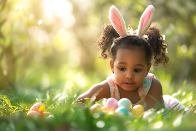 Happy Little AfricanAmerican girl wearing bunny ears costume hunting for eggs Easter holiday