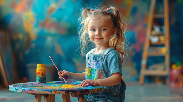 Photo happy little artist painting with colorful paints