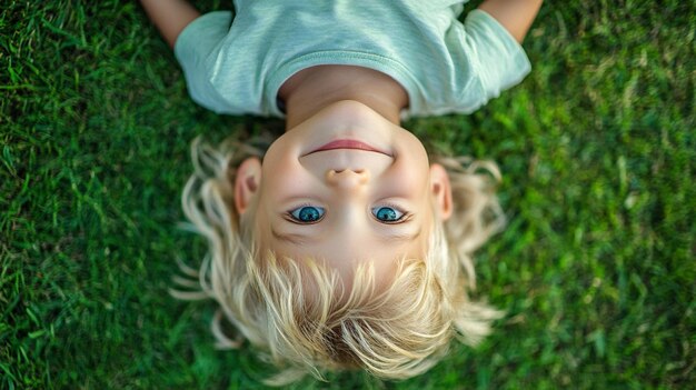 Happy Little Blond Child Laying Upside Down on Grass