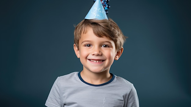 Happy little boy celebrates his birthday wearing a cap on a colorful background