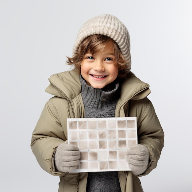 Photo happy little boy holding a winterthemed board game and smiling