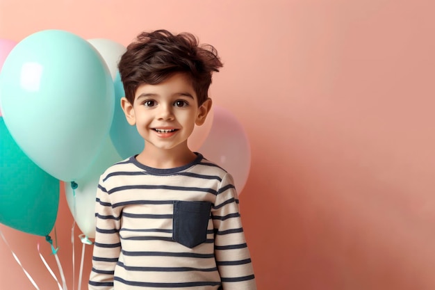 Happy little boy with helium balloons isolated on flat color Background with copy space ai generative