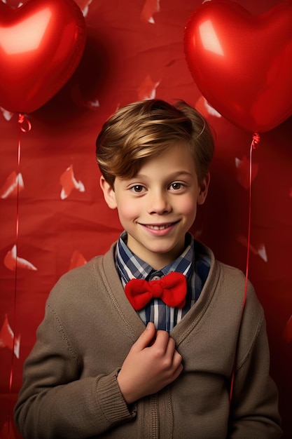 Happy little boy with red hearts on Valentine's Day