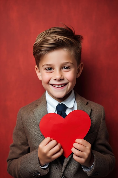 Happy little boy with red hearts on Valentine's Day