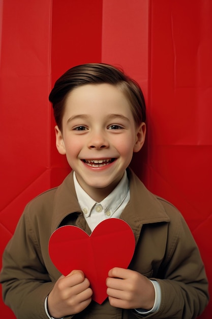 Happy little boy with red hearts on Valentine's Day