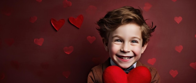 Happy little boy with red hearts on Valentine's Day