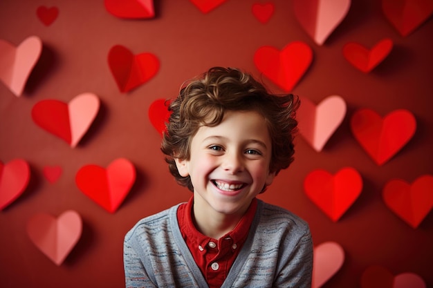 Happy little boy with red hearts on Valentine's Day