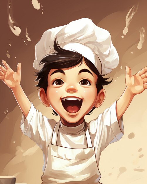 Happy little chef celebrates successful recipe cute cartoon character in cheerful style