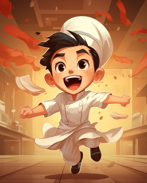 Happy little chef celebrates successful recipe cute cartoon character in cheerful style