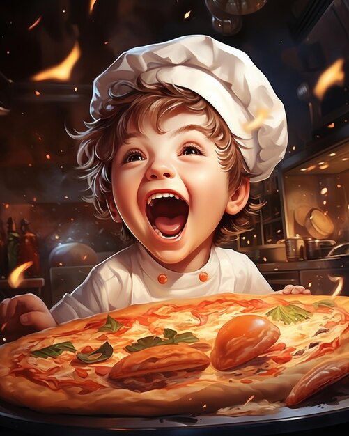 Happy little chef cooking delicious pizza cute cartoon character illustration in a cheerful style