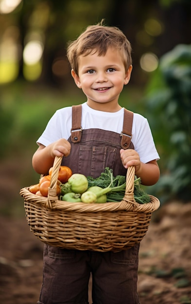 Happy little child boy gardener with harvested vegetables in a basket in the backyard Autumn harvest