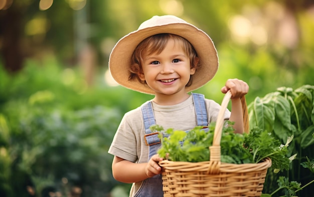 Happy little child boy gardener with harvested vegetables in a basket in the backyard Autumn harvest