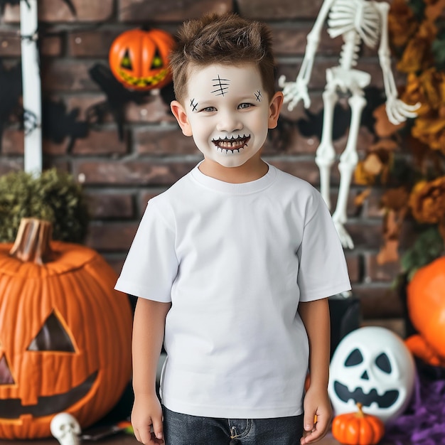 Happy little child in halloween costumes and makeup having fun on Halloween celebration mockup