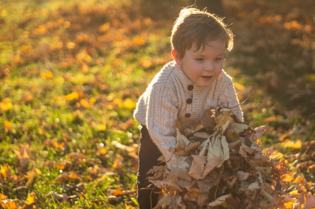 Happy little child playing in the autumn park